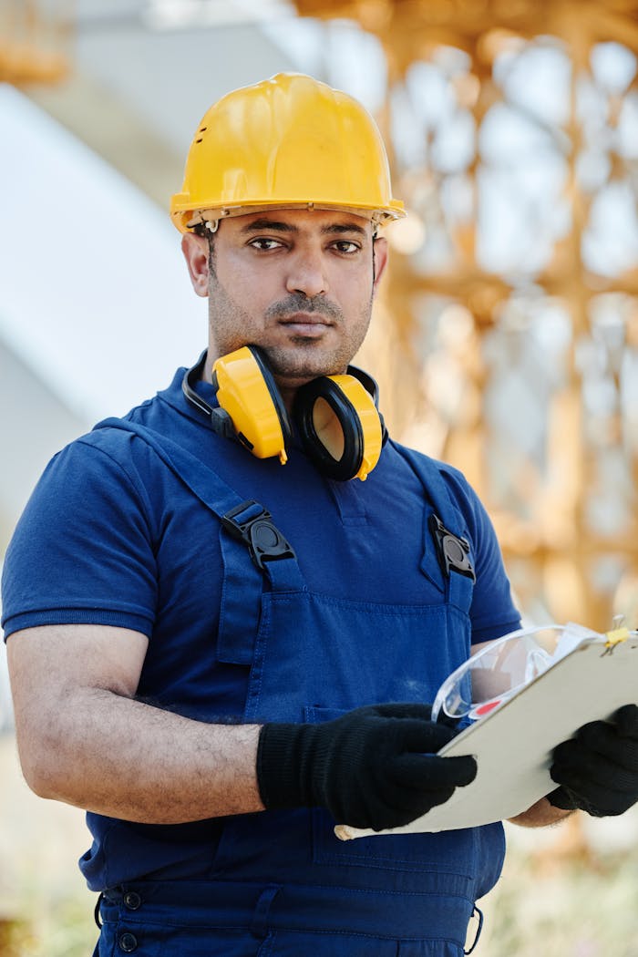 hero-img-02 Focused construction worker outdoors wearing safety gear, holding a clipboard at a building site.